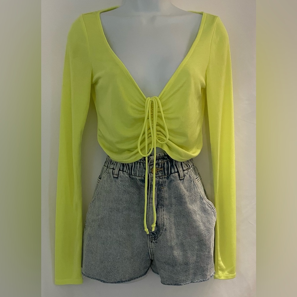 Good American Lime V-Neck Ruched Drawstring Swimsuit Crop Top Size 1